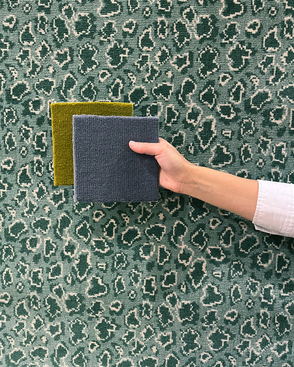 Conseiller DMT Le Comte présentant des échantillons de tapis sur mesure