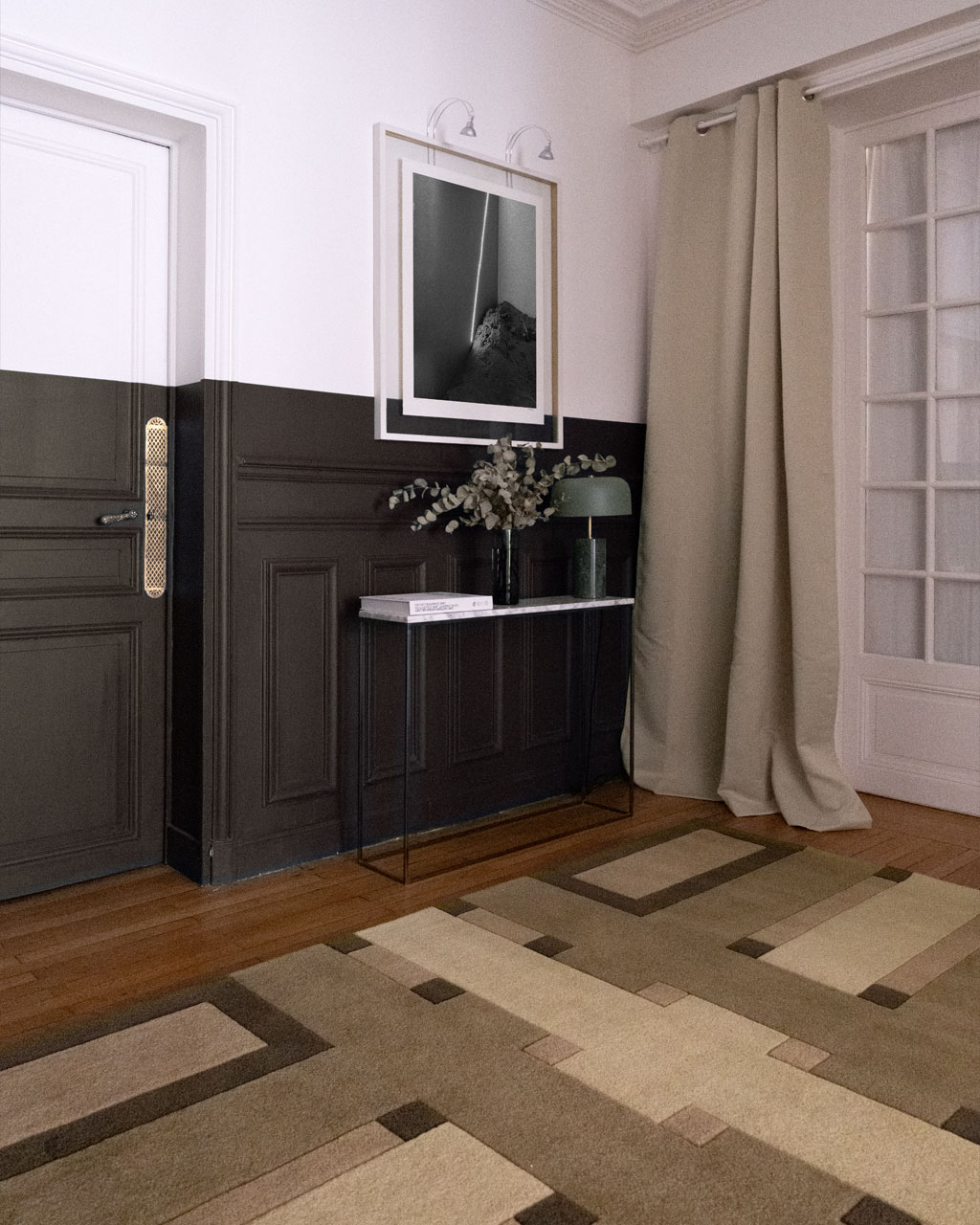 Tapis de salon modèle Camille marron en situation (création Camille Techer)