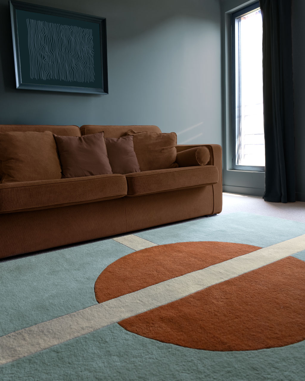 Tapis de salon Sasha céladon, autre vue en situation (création Camille Techer)