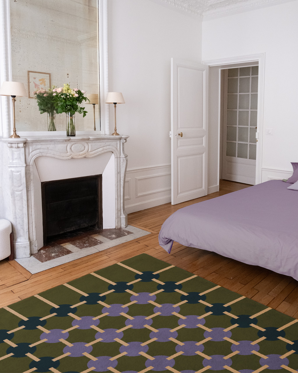 Tapis de chambre sur mesure Isidore de Camille Techer dans une chambre